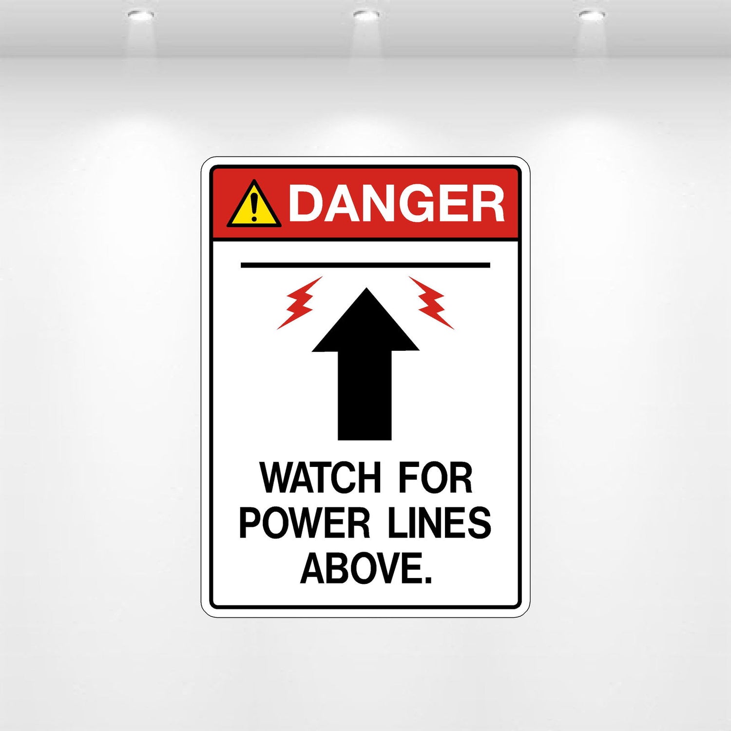 “Danger Watch For Power Lines Above” safety decal for overhead electrical hazard zones—high visibility ANSI warning label