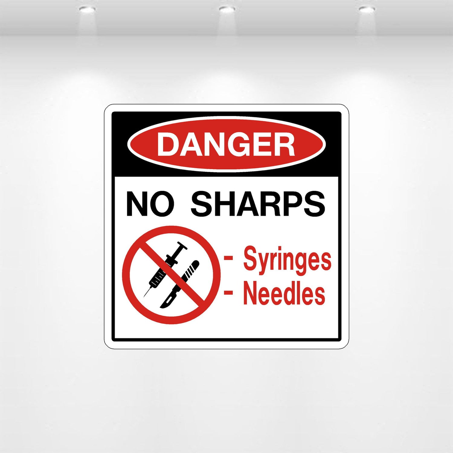 No Sharps Decal – Syringe Prohibited Safety Sticker for Waste Bins or Facilities