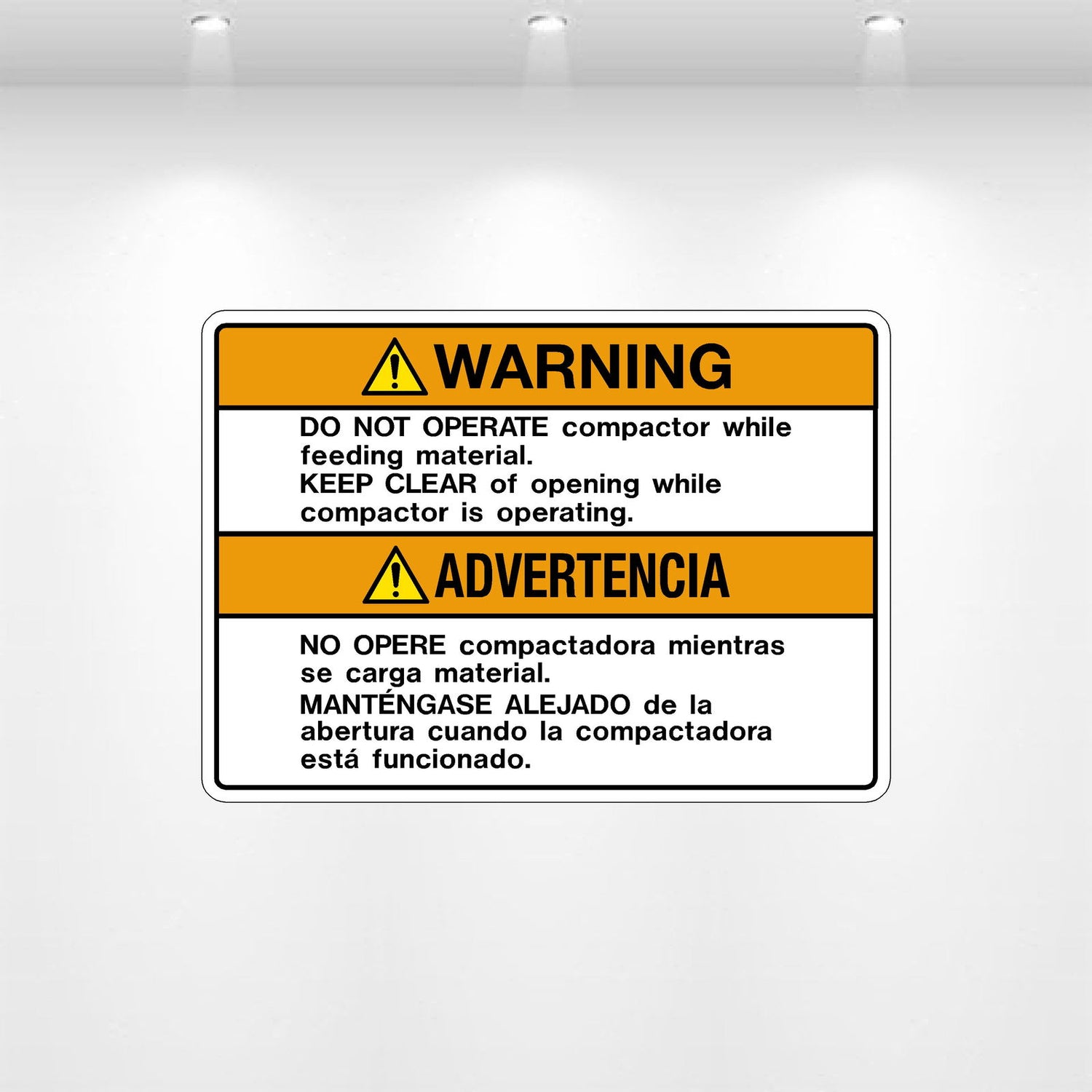 Warning decal – Do not operate compactor while feeding material – Safety label for industrial compactor safety