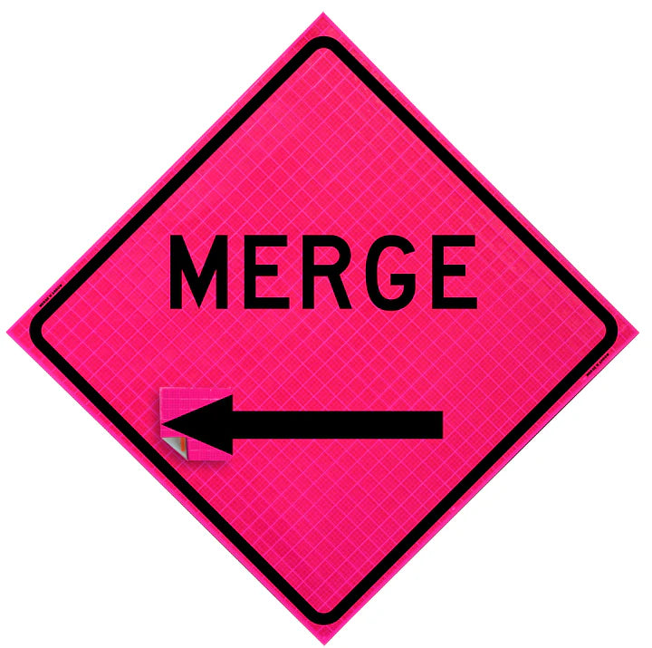 Portable 36-inch or 48-inch roll-up traffic control sign featuring a changeable reflective arrowhead, mounted on a foldable crossbrace stand for quick deployment in work zones.