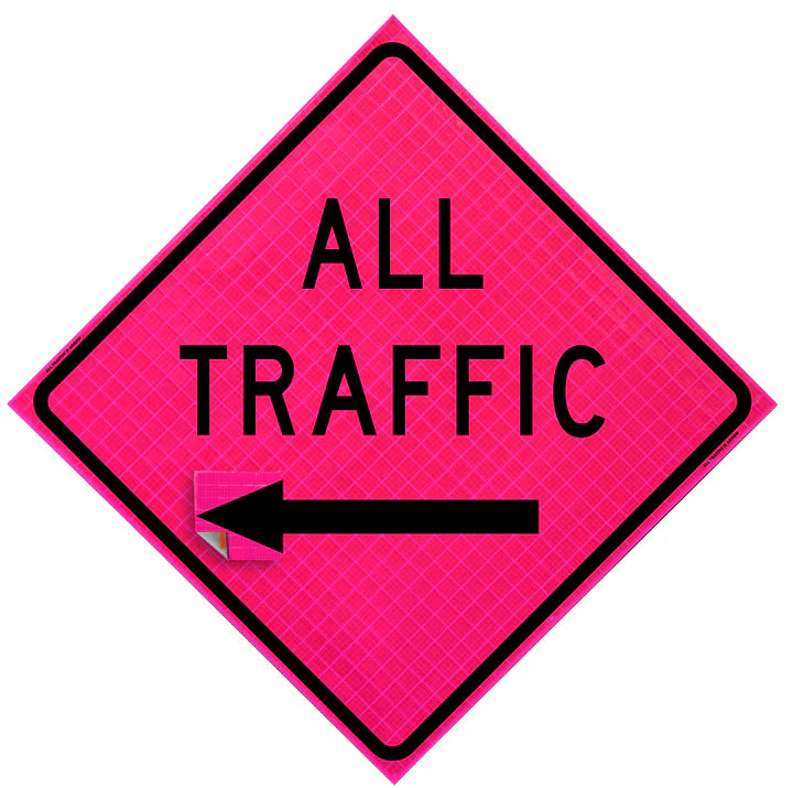 Portable 36-inch or 48-inch roll-up traffic control sign featuring a changeable reflective arrowhead, mounted on a foldable crossbrace stand for quick deployment in work zones.