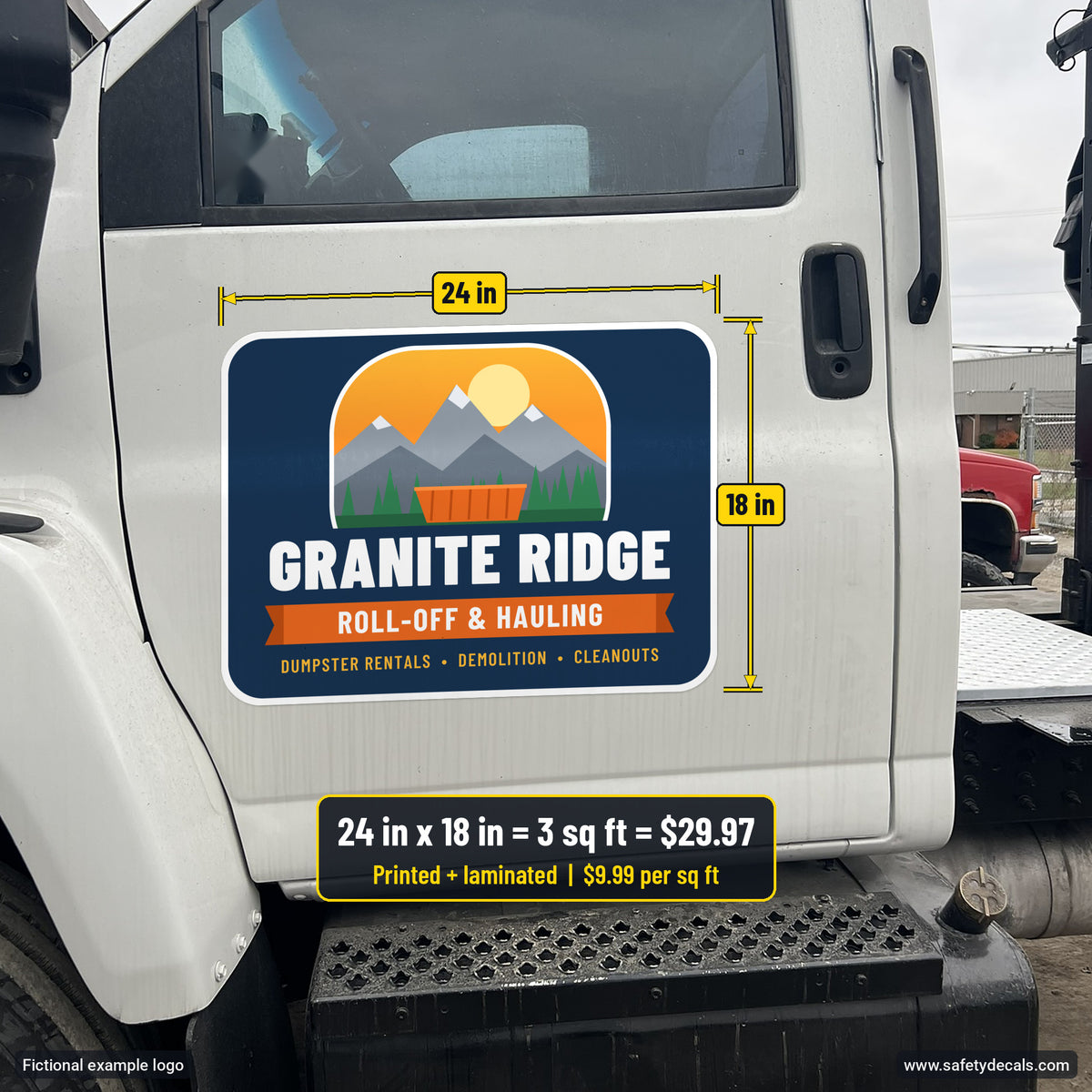 Custom truck logo decal size callout, 24 x 18 inches