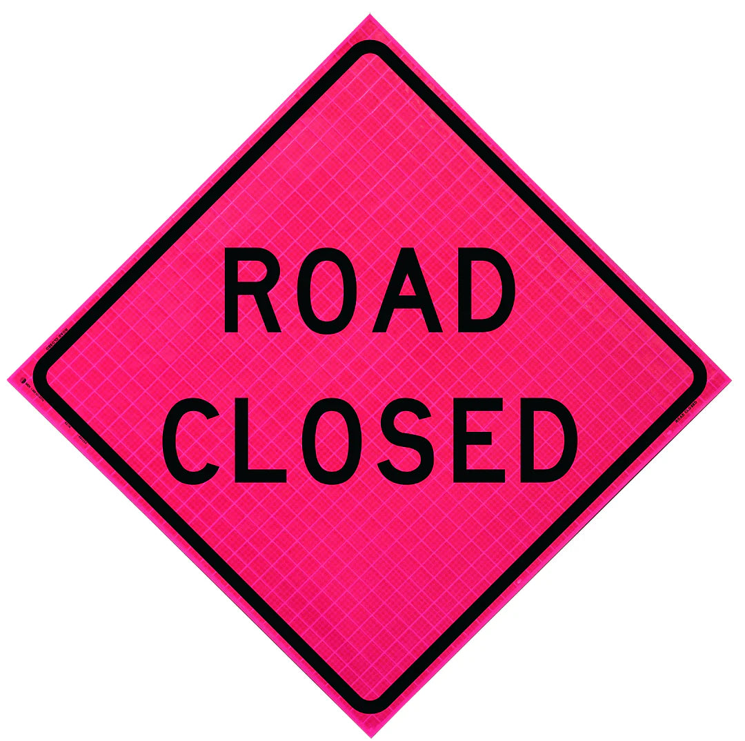 Road Closed roll-up traffic sign with ORALITE® Super Bright reflective material, mounted on a foldable stand for quick deployment in roadside work zones.