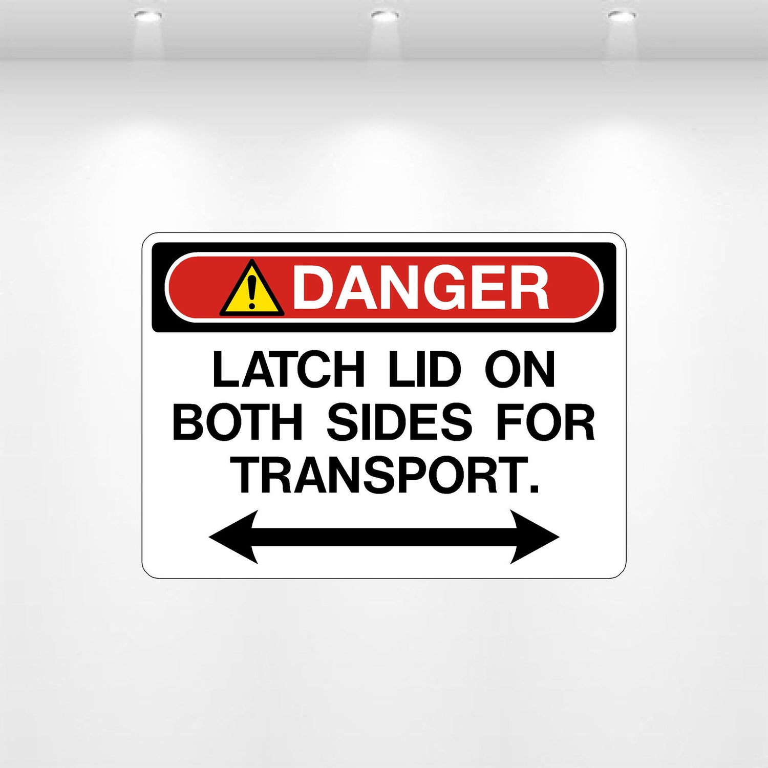 Danger latch lid on both sides vinyl decal for machinery or container