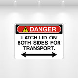 Danger latch lid on both sides vinyl decal for machinery or container
