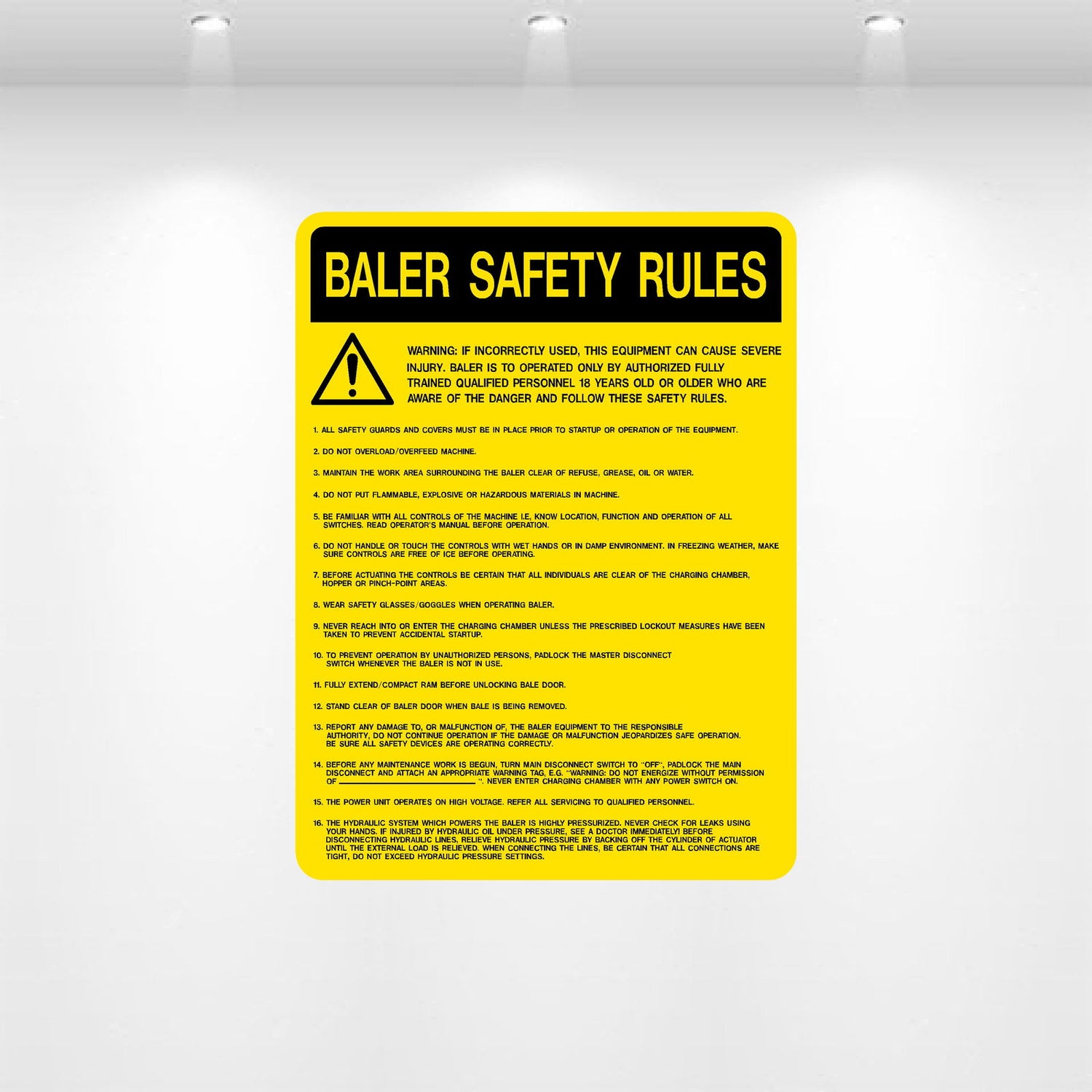 Baler Safety Rules decal for industrial machinery – OSHA-compliant safety label for balers and compactors