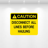 Caution: Disconnect All Lines Before Servicing decal — safety label for hydraulic and pressurized equipment