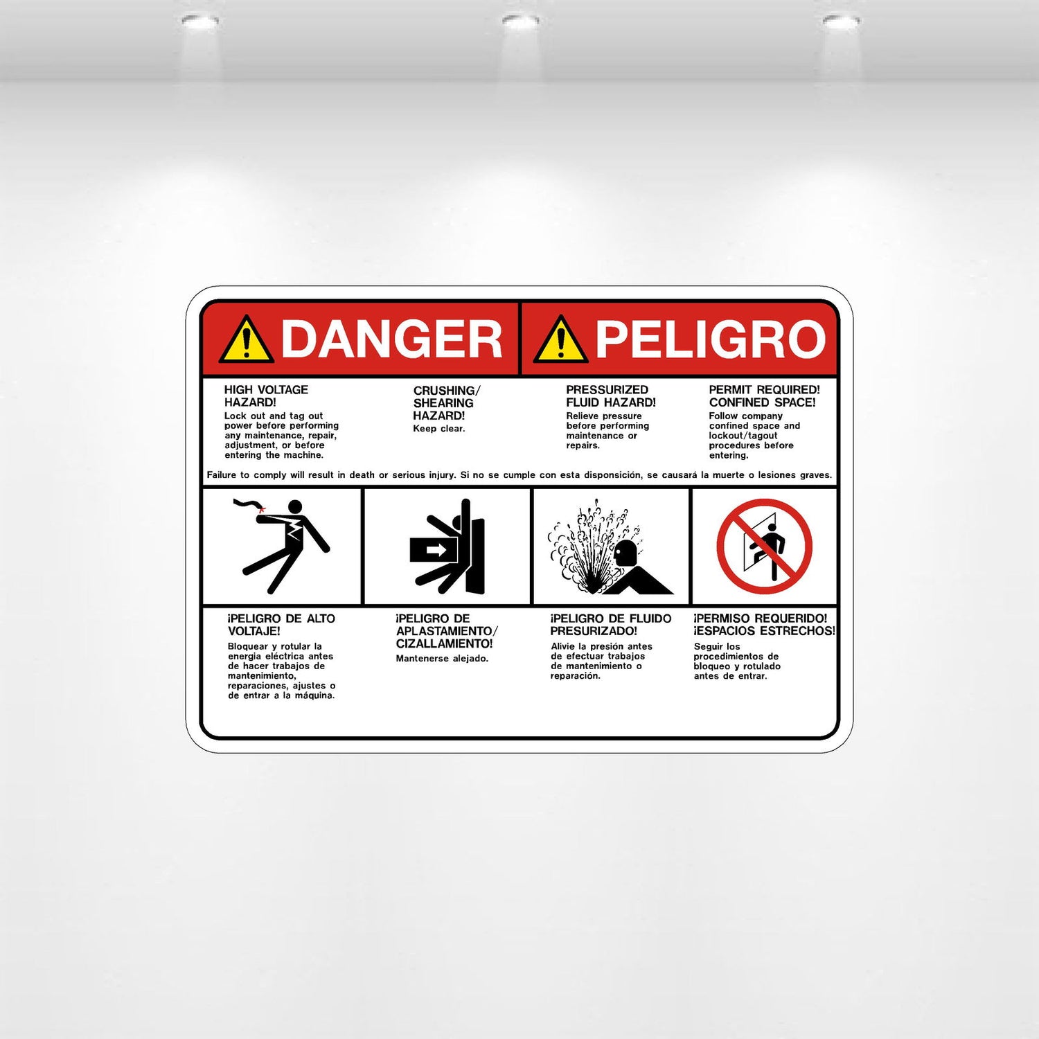Decal - Danger Bilingual High Voltage Crushing Pressurized Fluid Confined Space | Safety Decals