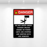 Do Not Enter Under Chassis warning decal – industrial safety sticker for vehicle and maintenance hazard zones