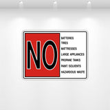 No Batteries, Tires, or Mattresses Decal – Waste Restriction Sign for Dumpsters and Trash Containers
