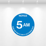 Notice 5AM Trash at Curb decal for waste collection timing – blue and white safety label