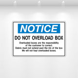 “NOTICE: Do Not Overload Box” safety decal for dumpsters, containers, and bins