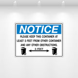 “NOTICE: Please Keep At Least 3 Feet” clearance safety decal for dumpsters, containers, and equipment