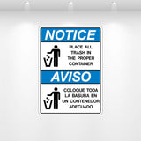 Place All Trash In Proper Container safety decal on industrial equipment