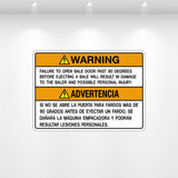 Warning decal – Failure to open bale door past 90 degrees – Safety label for balers and compactors