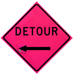 Emergency Scene roll-up traffic sign with changeable reflective arrowhead, mounted on a collapsible stand for quick deployment in emergency work zones.