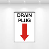 Drain Plug decal vinyl 5x7 red arrow down equipment drainage label