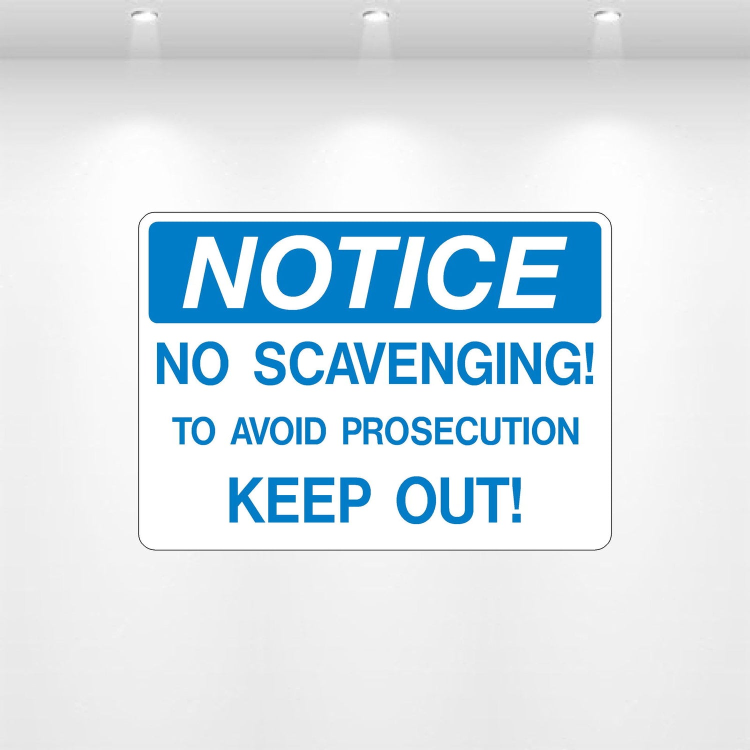 NOTICE: No Scavenging decal – durable blue and white vinyl warning label for dumpsters and waste areas