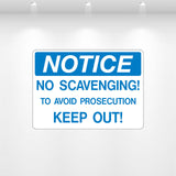 NOTICE: No Scavenging decal – durable blue and white vinyl warning label for dumpsters and waste areas