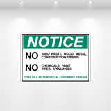 NOTICE: No Yard Waste, No Chemicals decal – durable waste restriction label for dumpsters and compactors