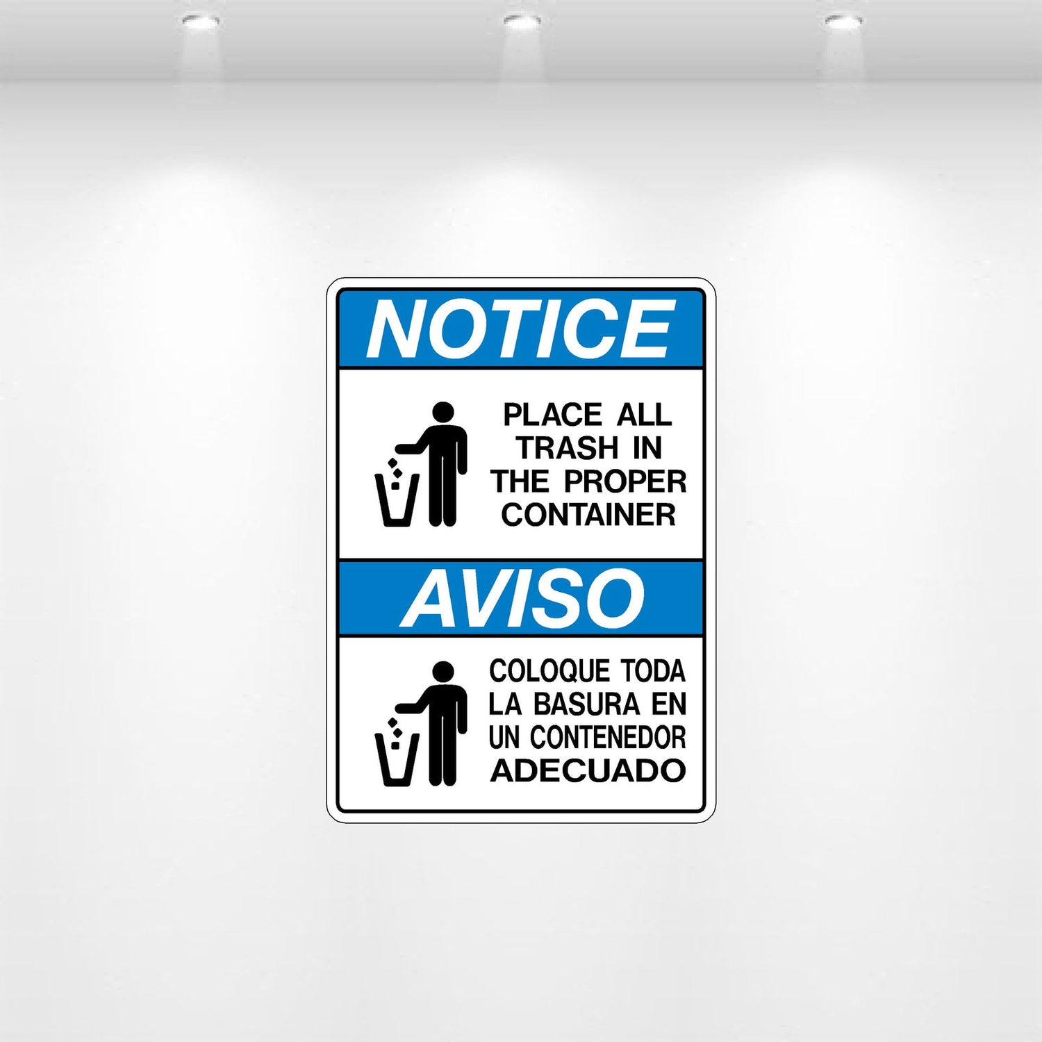 “NOTICE: Place All Trash” decal — waste disposal reminder label