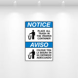 “NOTICE: Place All Trash” decal — waste disposal reminder label