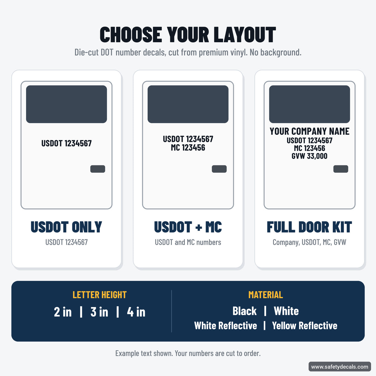 DOT decal layout options: USDOT only, USDOT + MC, full door kit