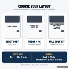 DOT decal layout options: USDOT only, USDOT + MC, full door kit