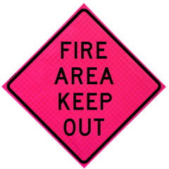 Fire Area Keep Out roll-up sign with reflective sheeting, mounted on a foldable stand for quick deployment in fire-prone work zones.
