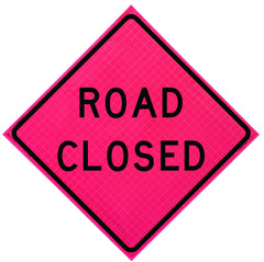 Road Closed roll-up traffic sign with ORALITE® Super Bright reflective material, mounted on a foldable stand for quick deployment in roadside work zones.
